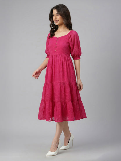 Janasya Magenta Tiered Dobby Chiffon Dress - Dista