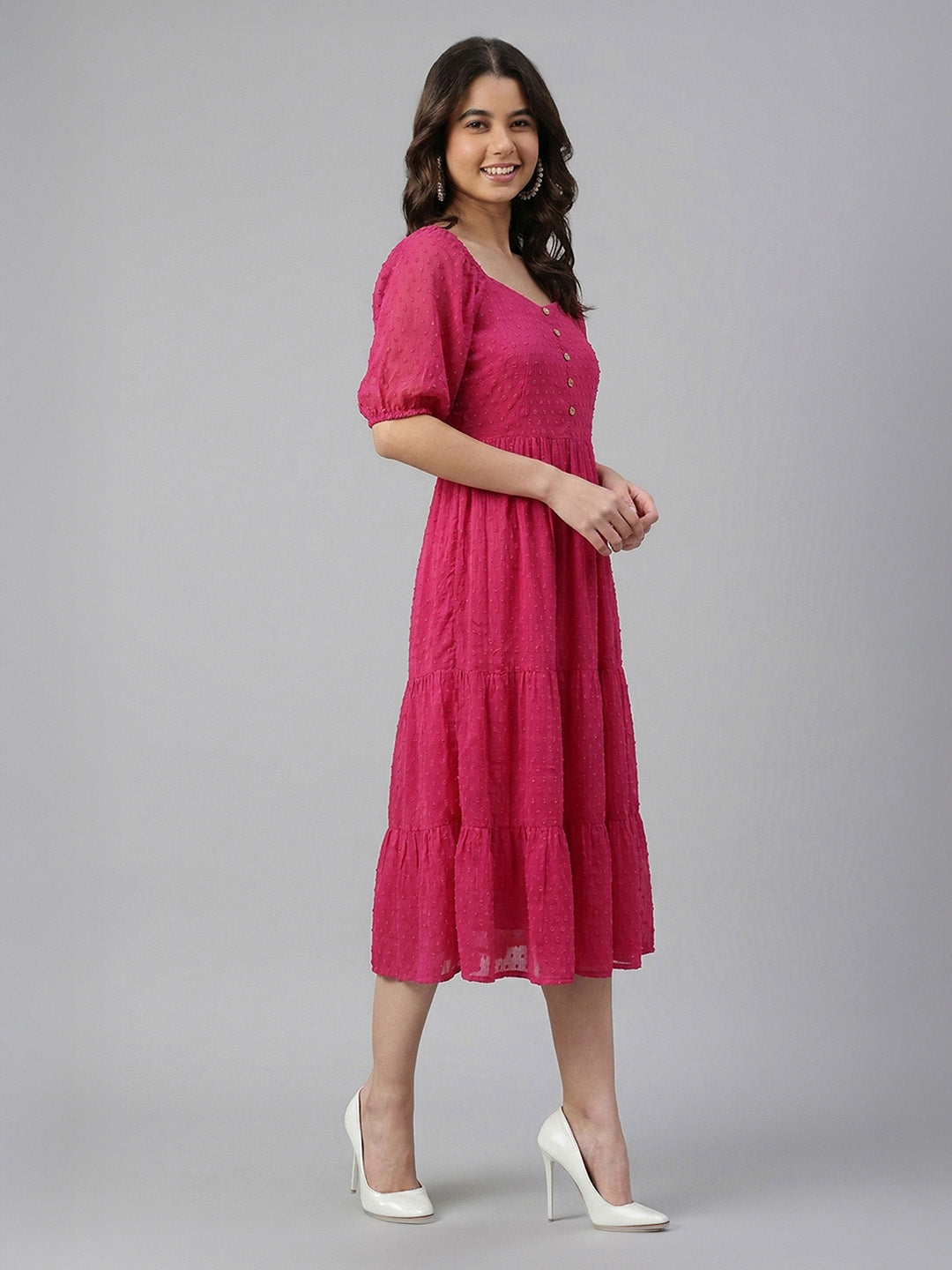 Janasya Magenta Tiered Dobby Chiffon Dress - Dista