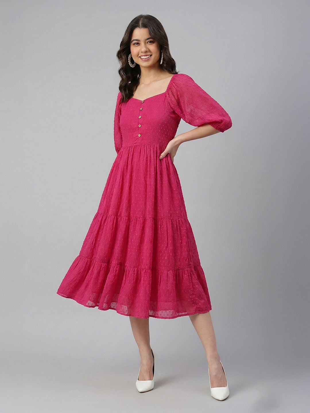 Janasya Magenta Tiered Dobby Chiffon Dress - Dista
