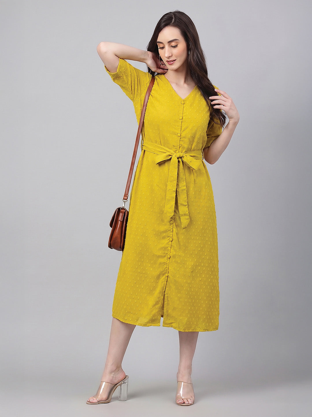 Janasya Lime A-Line Dobby Chiffon Dress - Dista