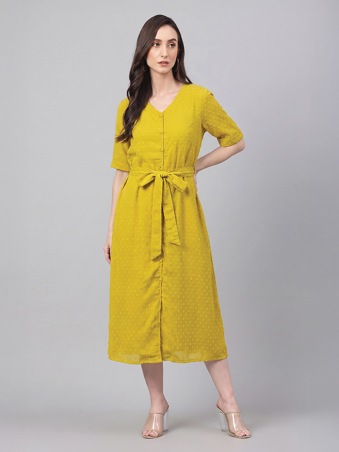 Janasya Lime A-Line Dobby Chiffon Dress - Dista