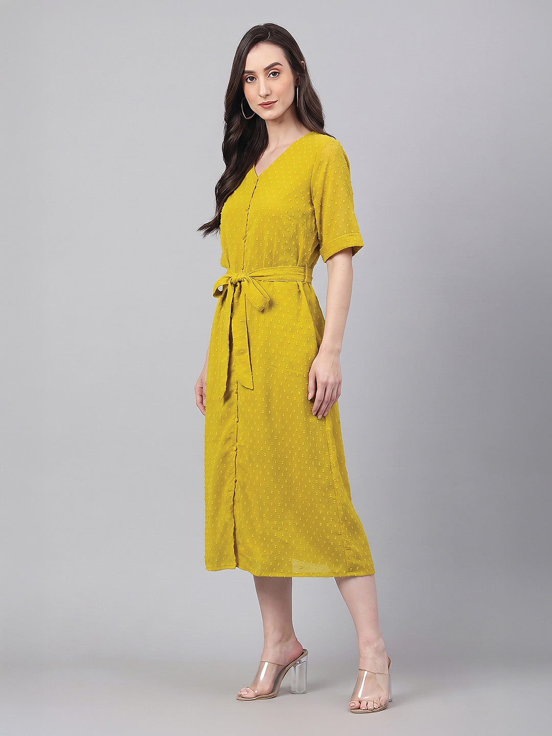 Janasya Lime A-Line Dobby Chiffon Dress - Dista