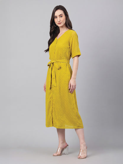 Janasya Lime A-Line Dobby Chiffon Dress - Dista