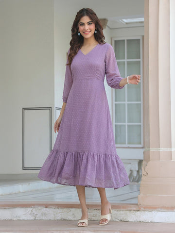 Janasya Lavender A-Line Dobby Chiffon Dress - Dista