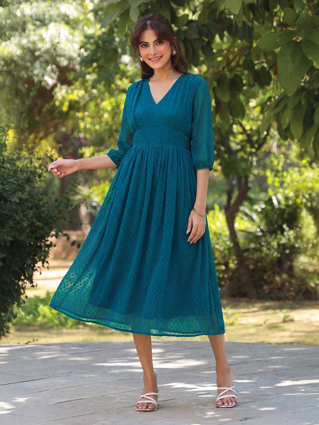 Janasya Teal Fit & Flare Dobby Chiffon Dress - Dista