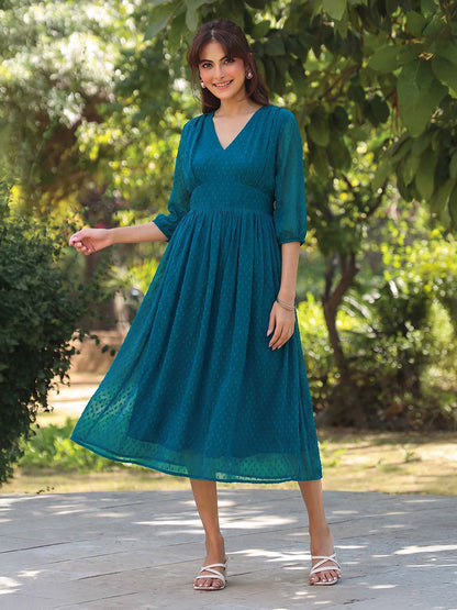 Janasya Teal Fit & Flare Dobby Chiffon Dress - Dista