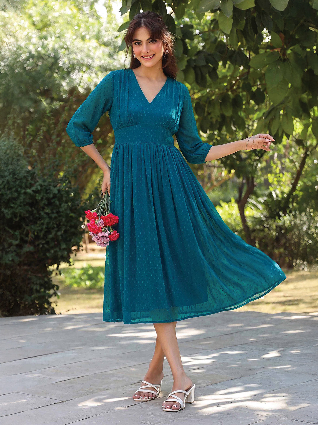 Janasya Teal Fit & Flare Dobby Chiffon Dress