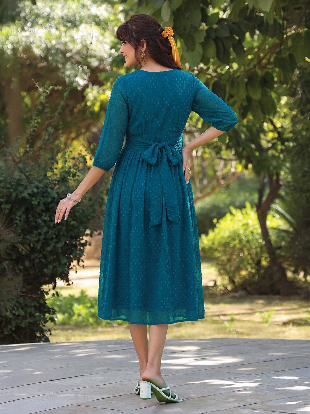 Janasya Teal Fit & Flare Dobby Chiffon Dress - Dista