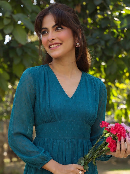 Janasya Teal Fit & Flare Dobby Chiffon Dress - Dista