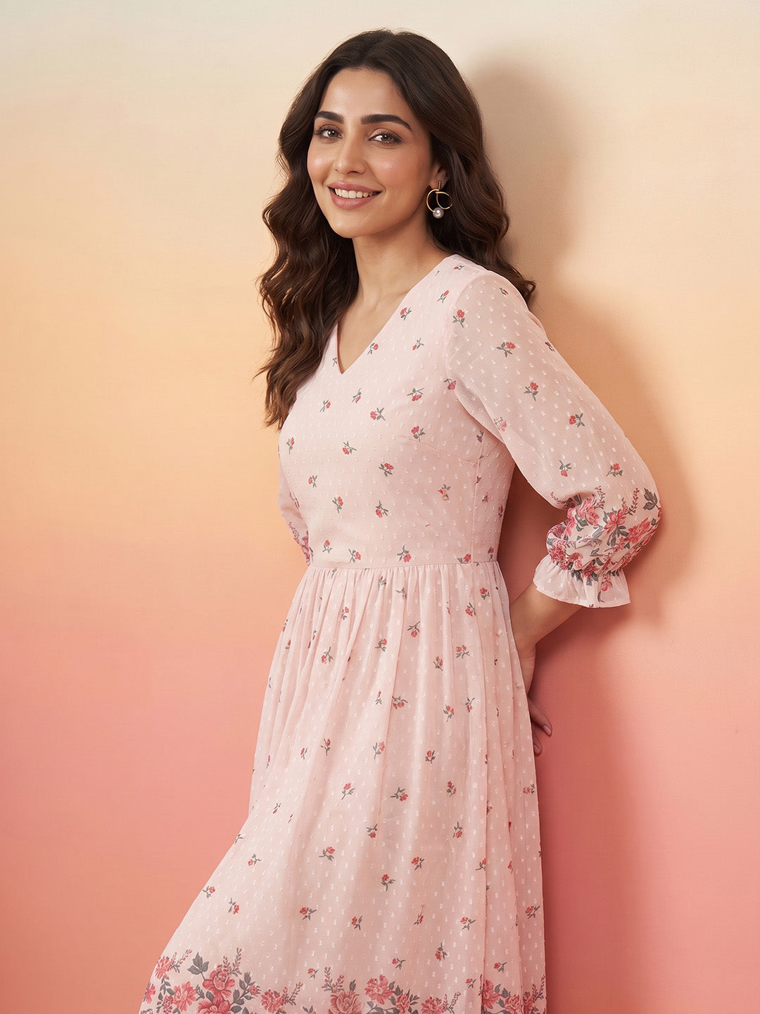 Janasya Peach Fit & Flare Dobby Georgette Dress - Dista