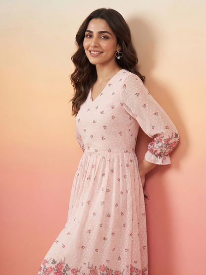 Janasya Peach Fit & Flare Dobby Georgette Dress - Dista