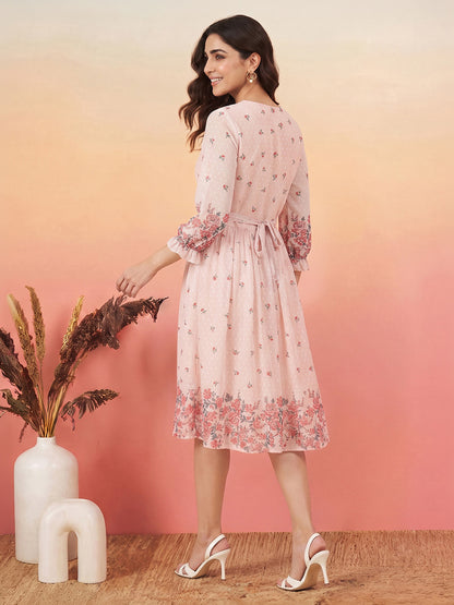 Janasya Peach Fit & Flare Dobby Georgette Dress - Dista