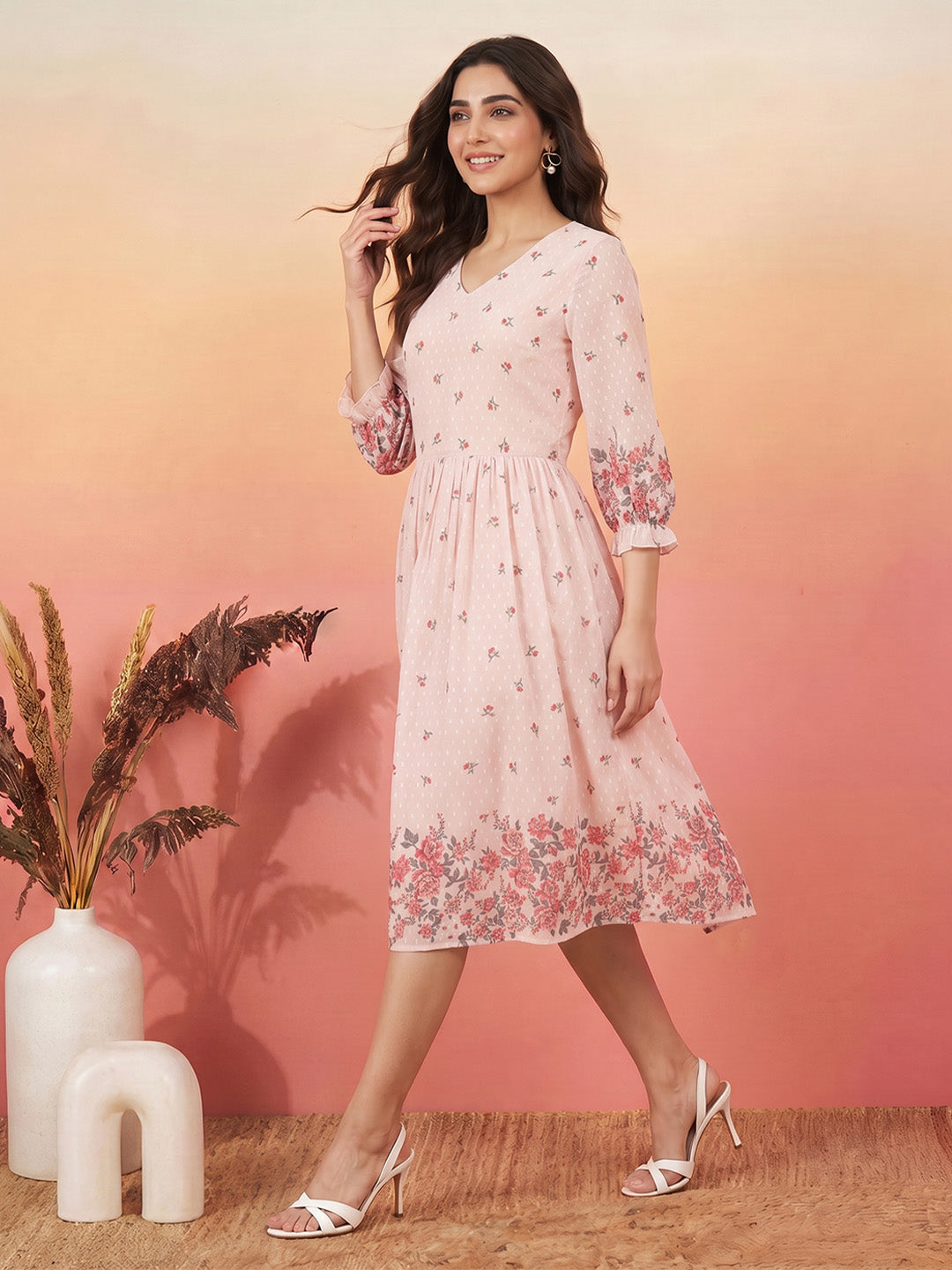 Janasya Peach Fit & Flare Dobby Georgette Dress - Dista