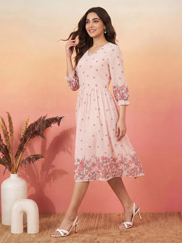 Janasya Peach Fit & Flare Dobby Georgette Dress - Dista