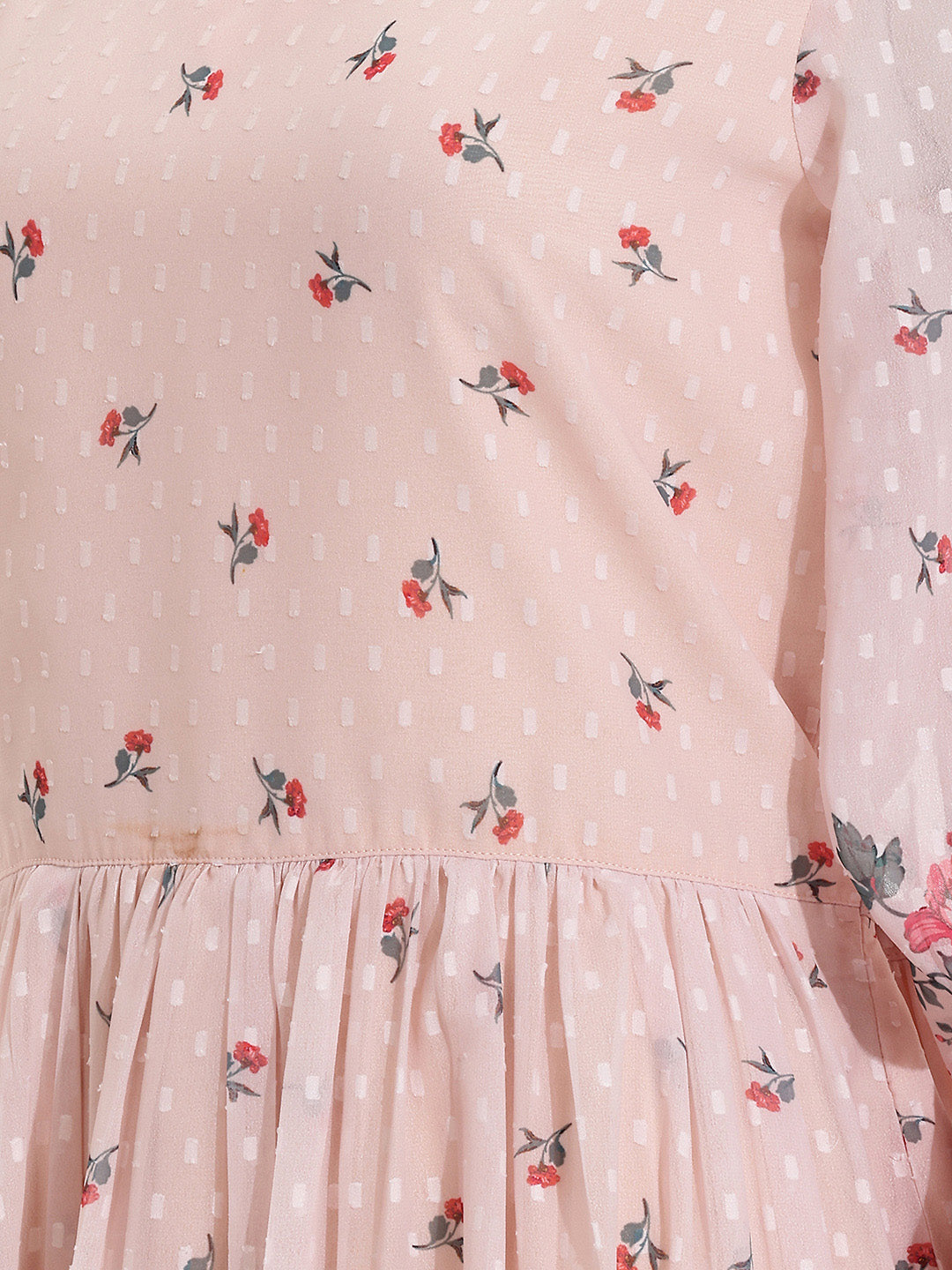 Janasya Peach Fit & Flare Dobby Georgette Dress - Dista