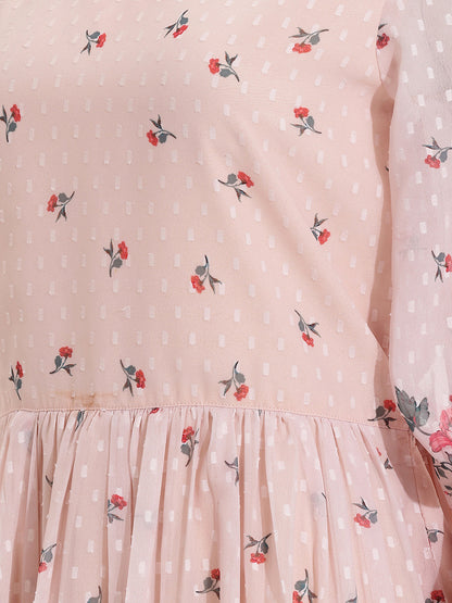 Janasya Peach Fit & Flare Dobby Georgette Dress - Dista