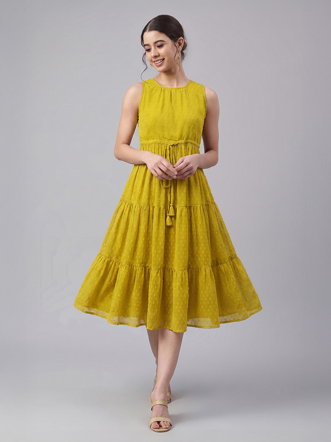 Janasya Lime Tiered Dobby Chiffon Dress