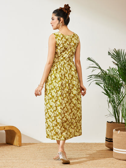 Janasya Olive A-Line Cotton Dress - Dista
