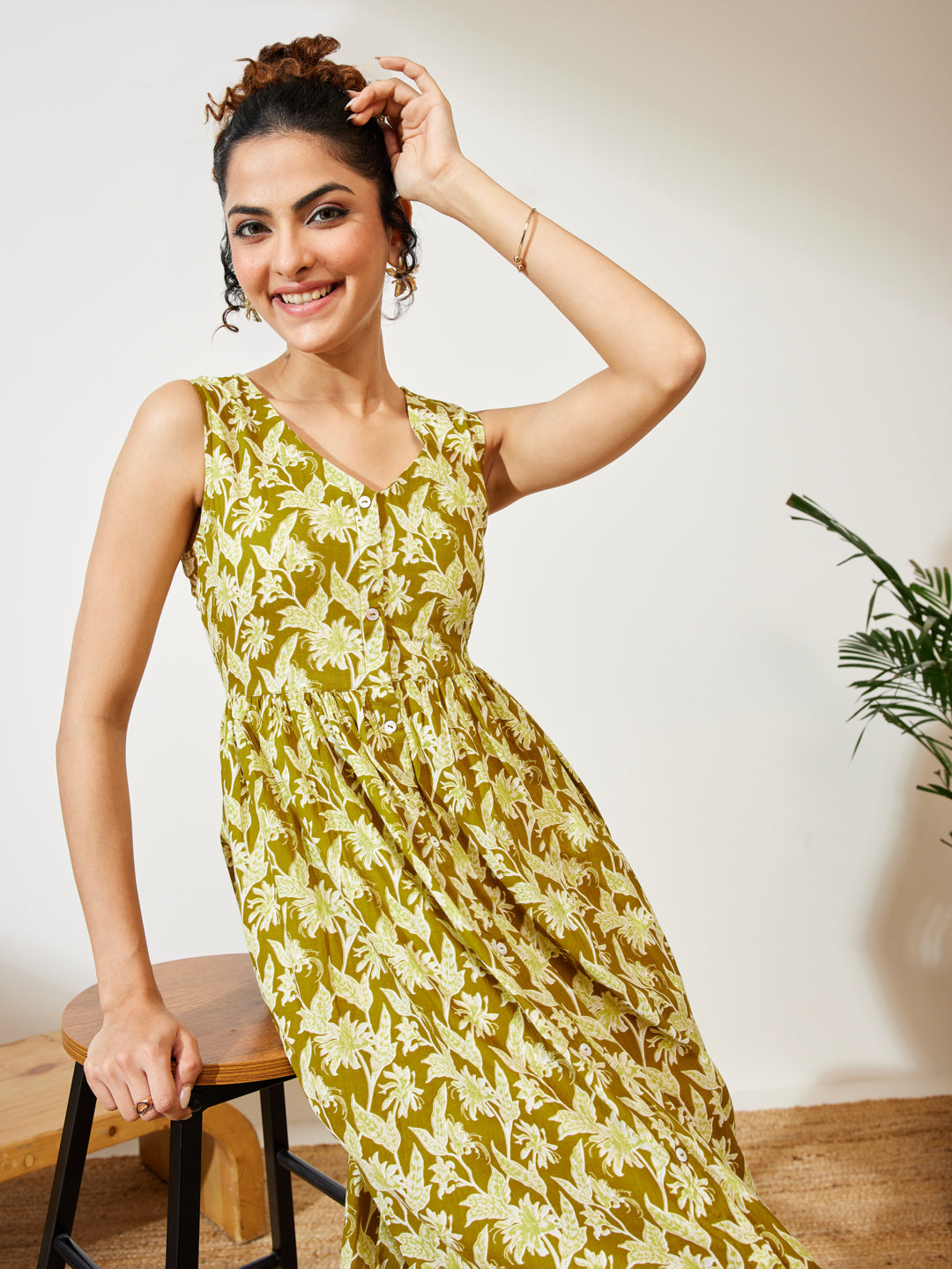 Janasya Olive A-Line Cotton Dress - Dista
