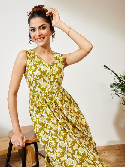 Janasya Olive A-Line Cotton Dress - Dista