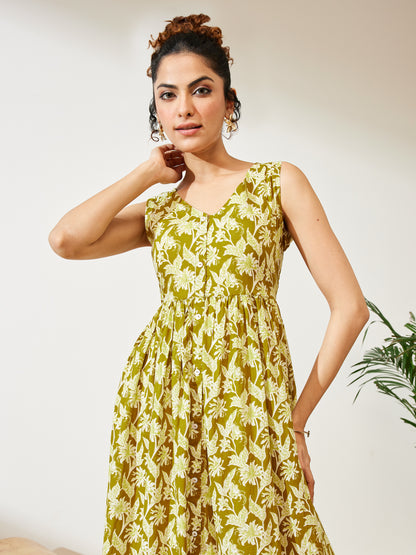 Janasya Olive A-Line Cotton Dress - Dista