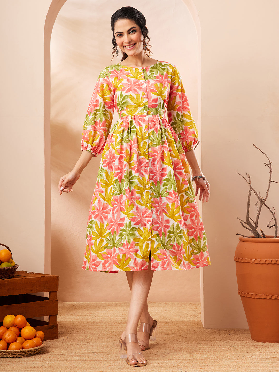 Janasya Multi Gathered Cotton Dress - Dista