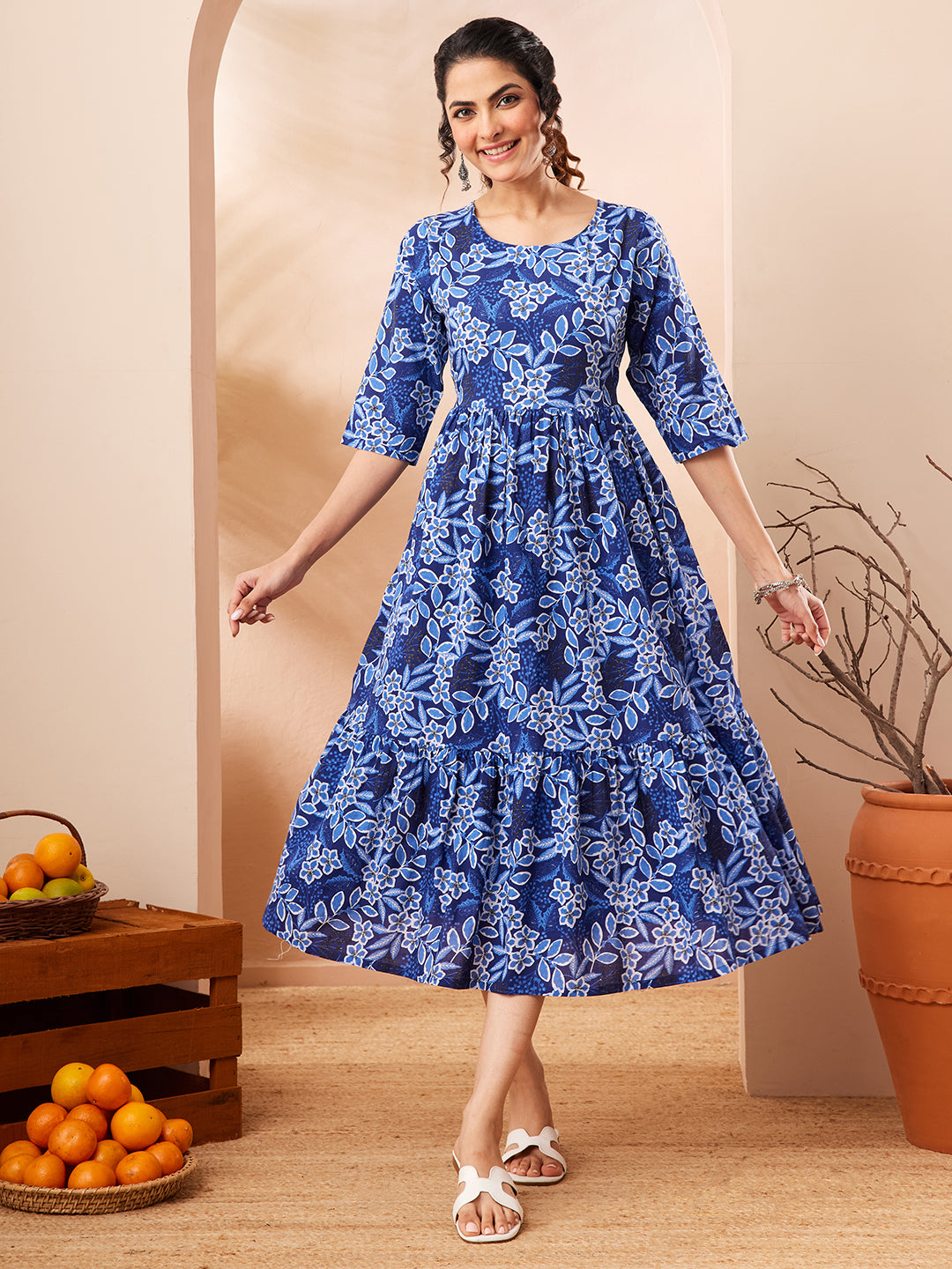 Janasya Blue Fit & Flare Cotton Dress - Dista