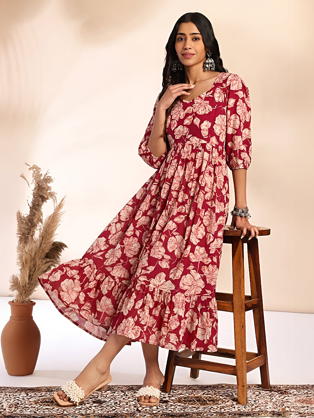 Janasya Pink A-Line Cotton Dress - Dista