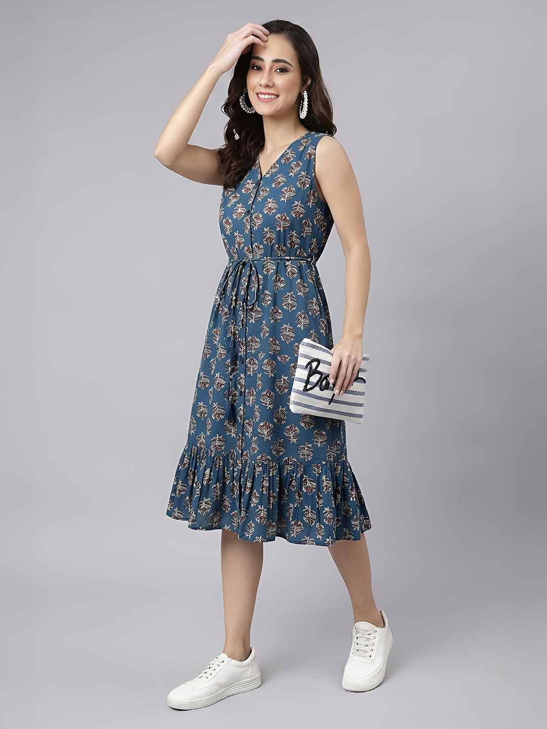 Janasya Navy Blue Fit & Flare Cotton Dress - Dista