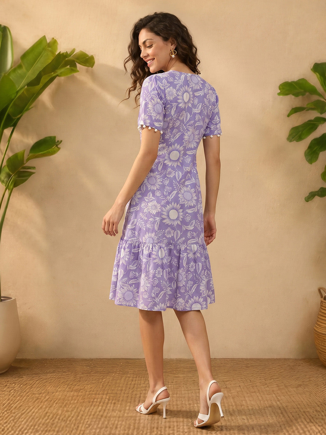 Janasya Lavender A-Line Cotton Dress - Dista