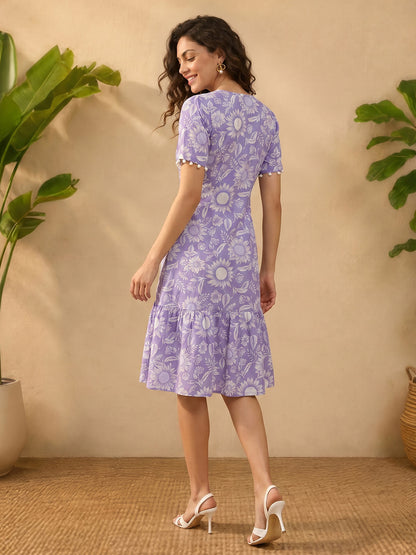 Janasya Lavender A-Line Cotton Dress - Dista