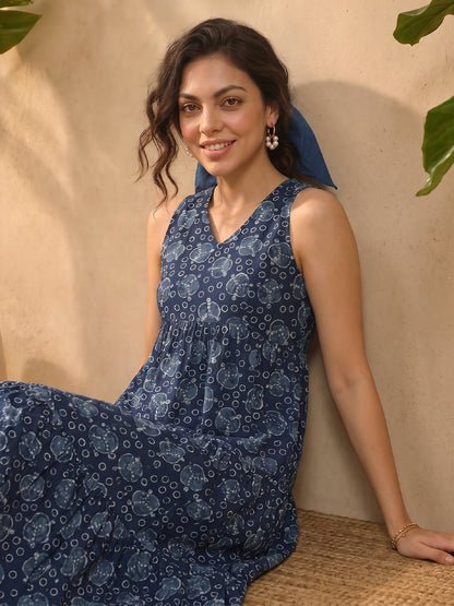 Janasya Indigo Tiered Cotton Dress - Dista