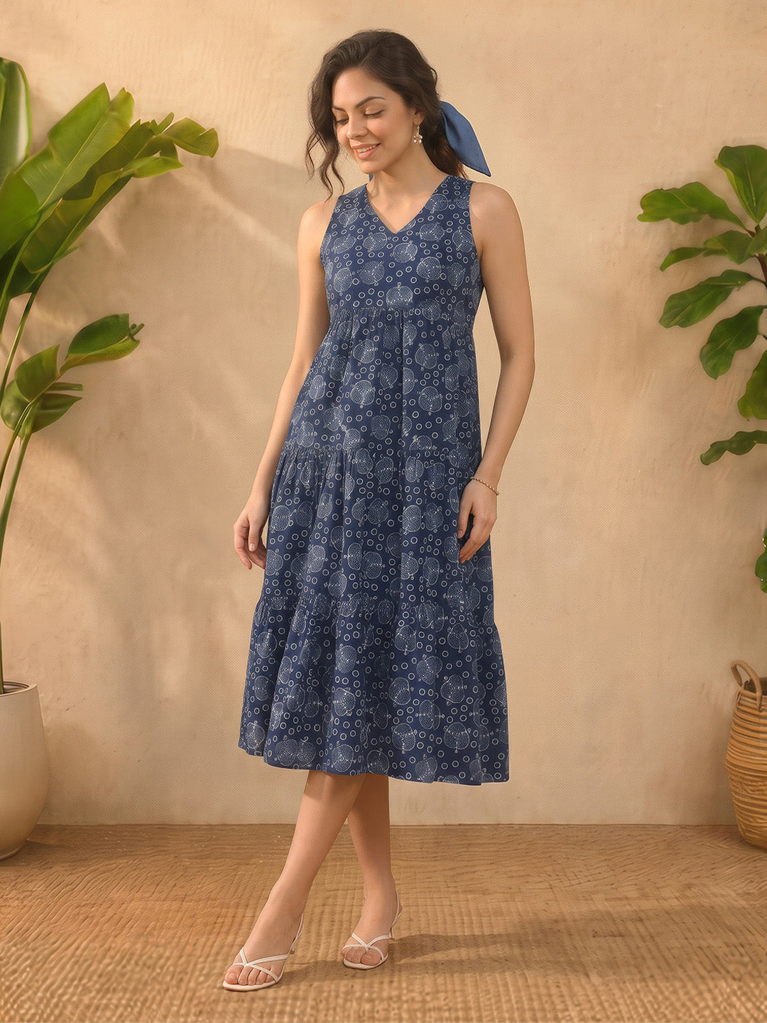 Janasya Indigo Tiered Cotton Dress - Dista