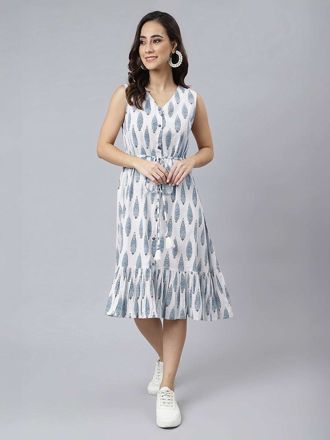Janasya White Fit & Flare Cotton Dress - Dista