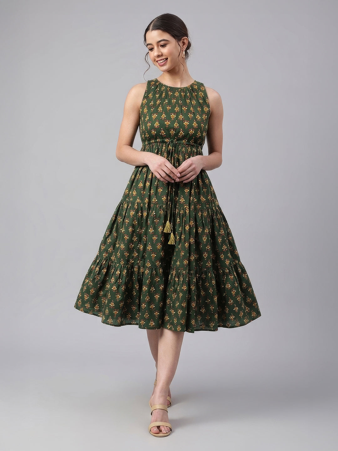 Janasya Green Tiered Cotton Dress - Dista