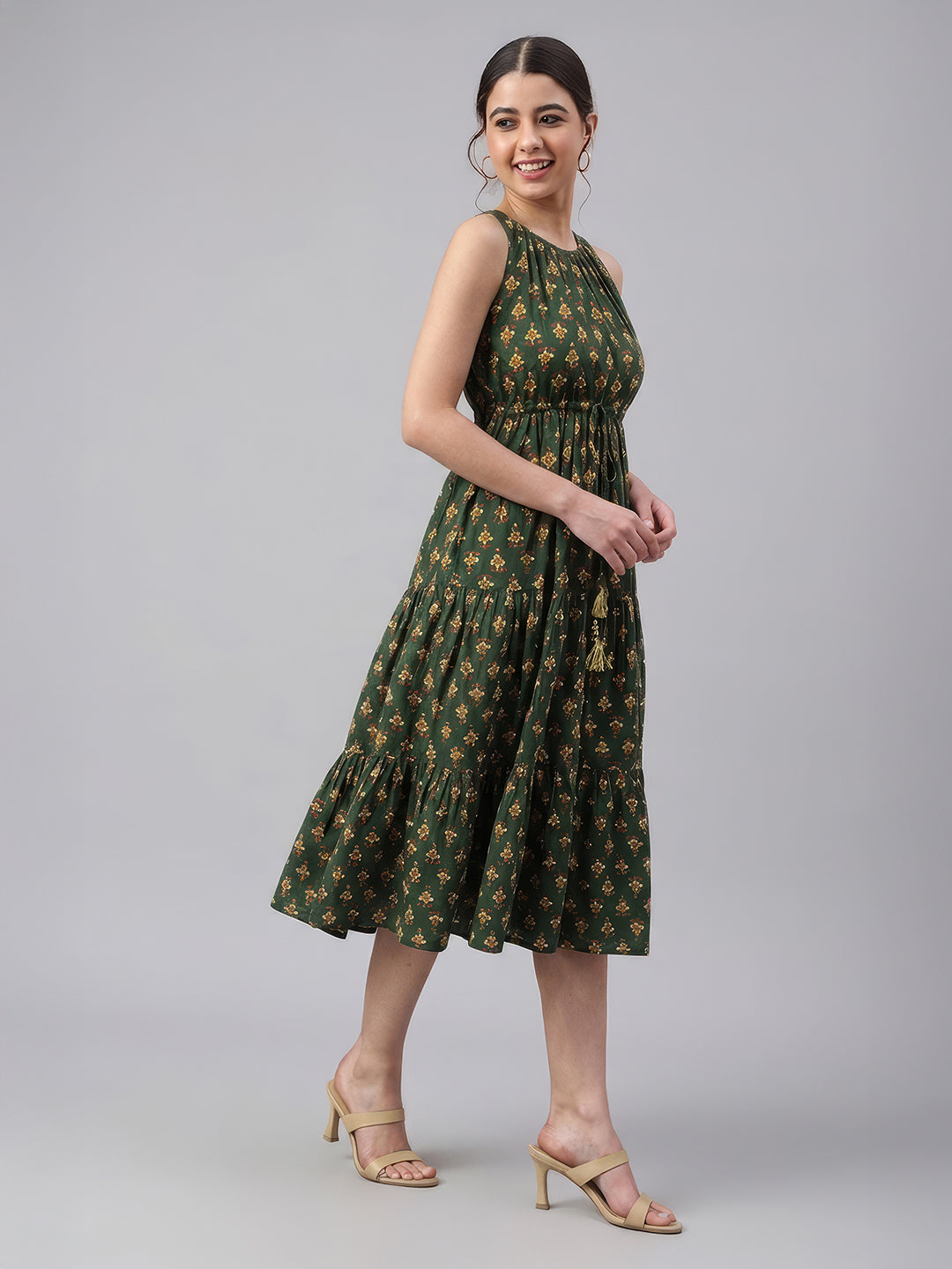 Janasya Green Tiered Cotton Dress - Dista