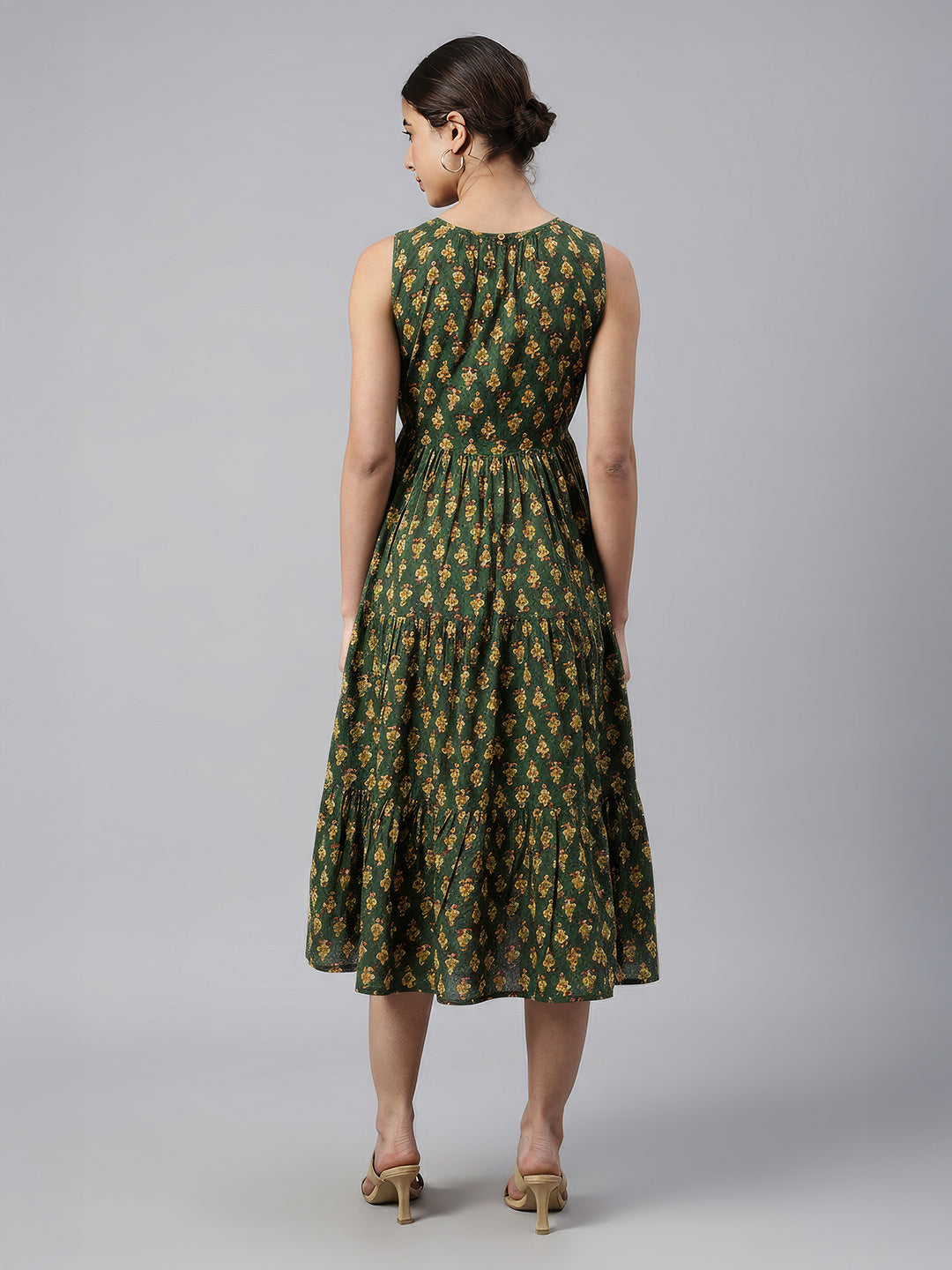 Janasya Green Tiered Cotton Dress - Dista