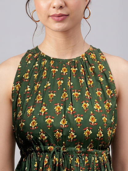Janasya Green Tiered Cotton Dress - Dista