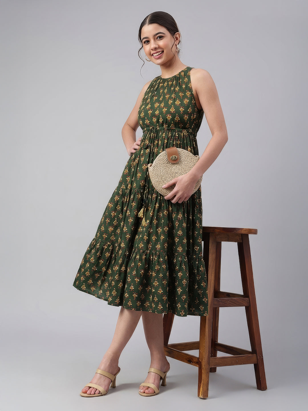 Janasya Green Tiered Cotton Dress - Dista