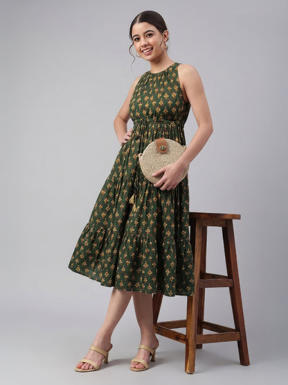 Janasya Green Tiered Cotton Dress - Dista