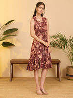 Thumbnail for Janasya Rust Fit & Flare Cotton Dress - Dista