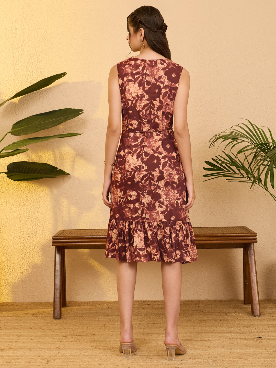 Janasya Rust Fit & Flare Cotton Dress - Dista