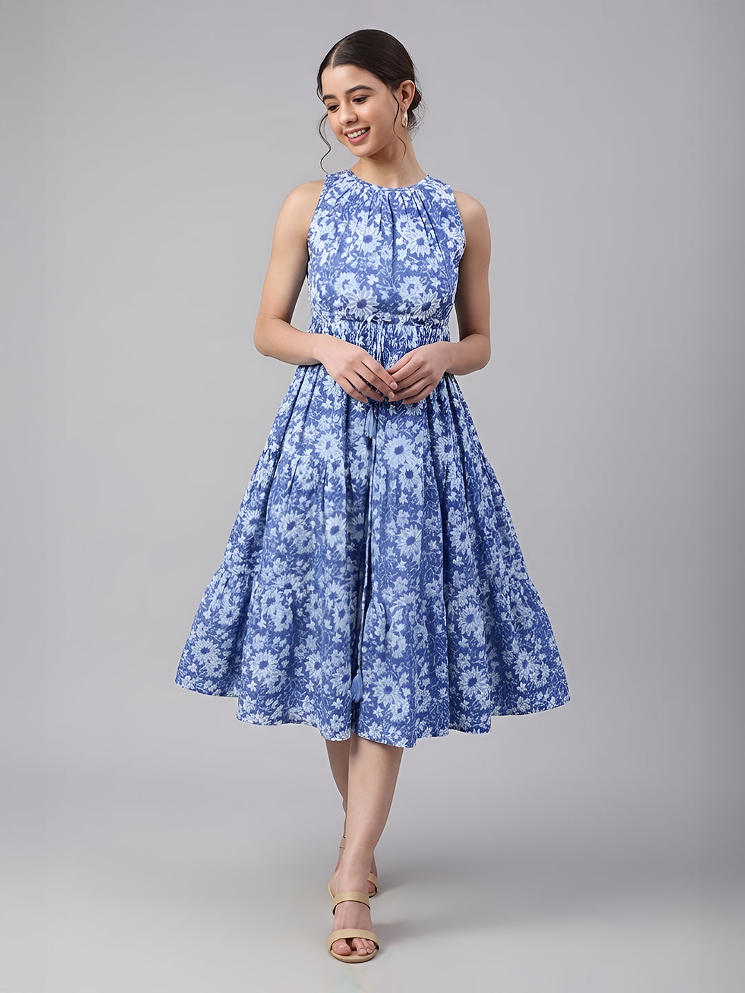 Janasya Blue Tiered Cotton Dress - Dista