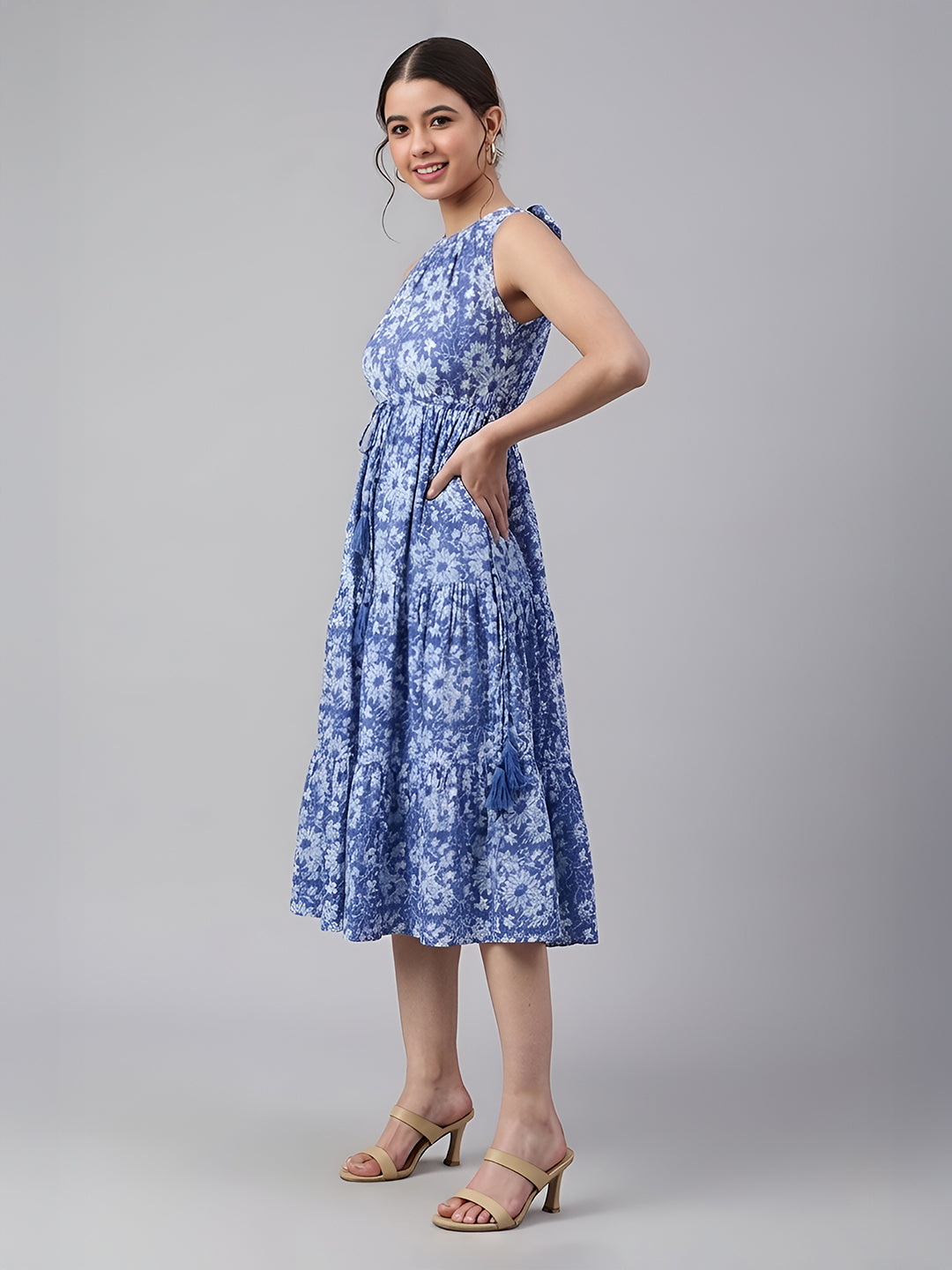 Janasya Blue Tiered Cotton Dress - Dista