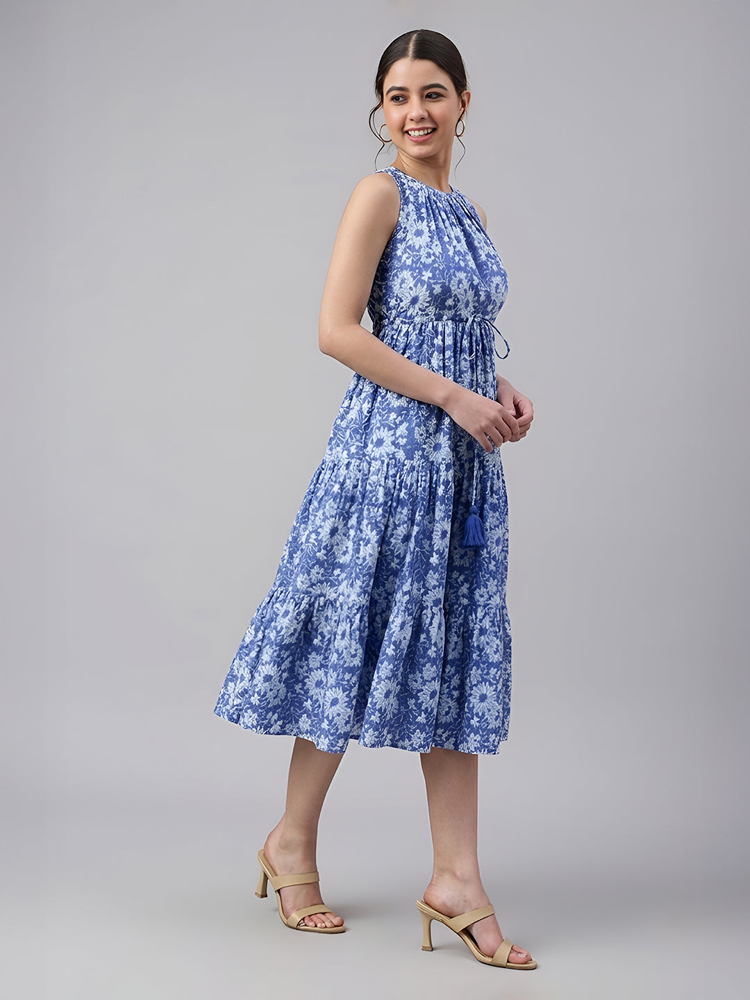 Janasya Blue Tiered Cotton Dress - Dista