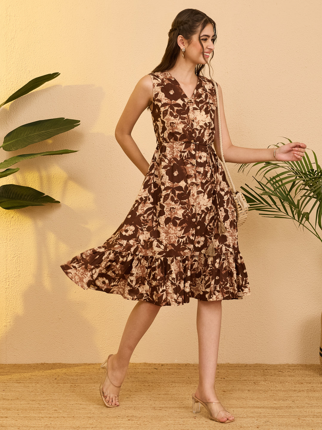 Janasya Brown Fit & Flare Cotton Dress - Dista