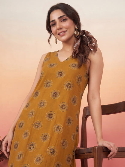 Janasya Mustard A-Line Cotton Dress - Dista