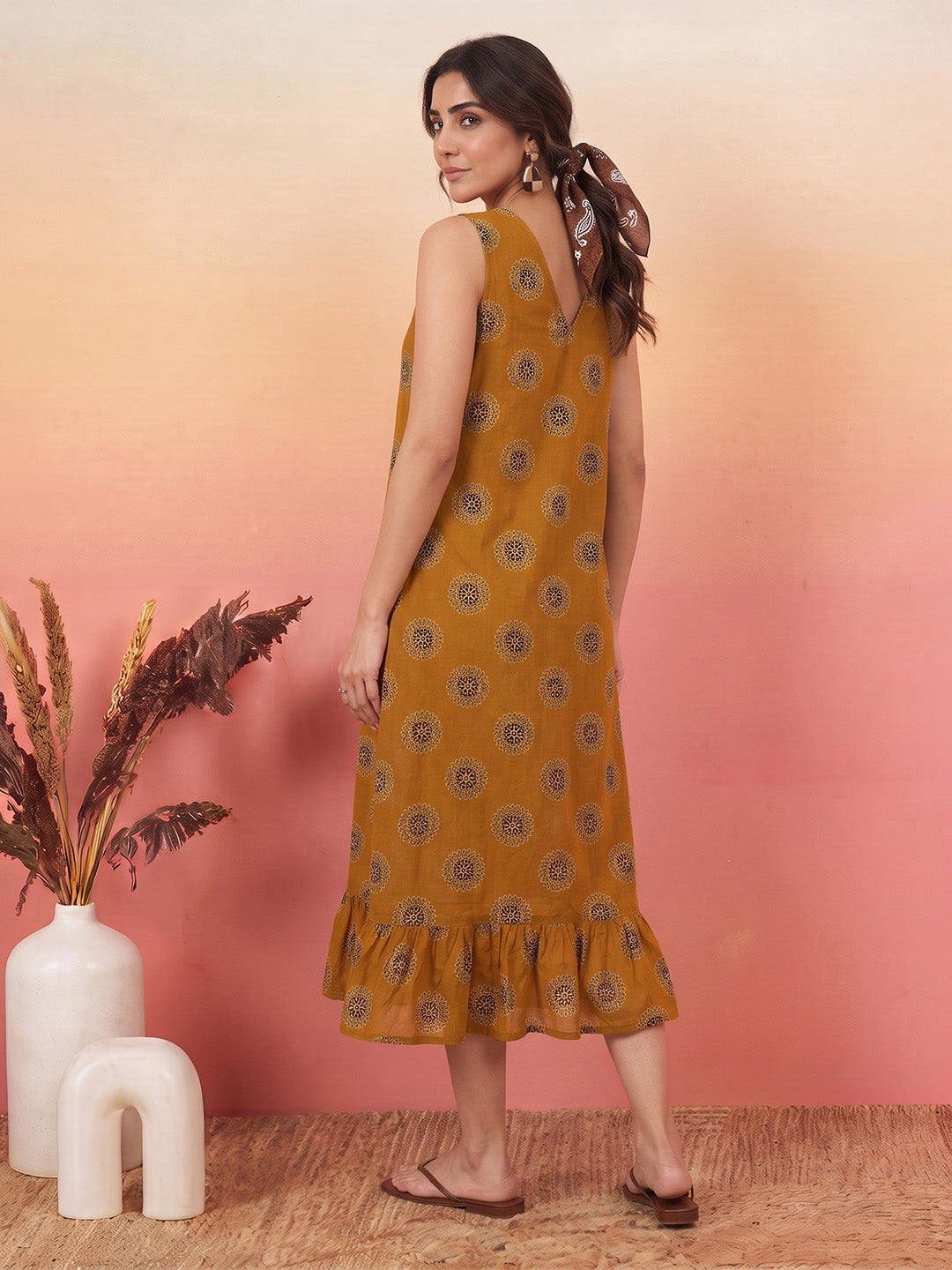 Janasya Mustard A-Line Cotton Dress - Dista