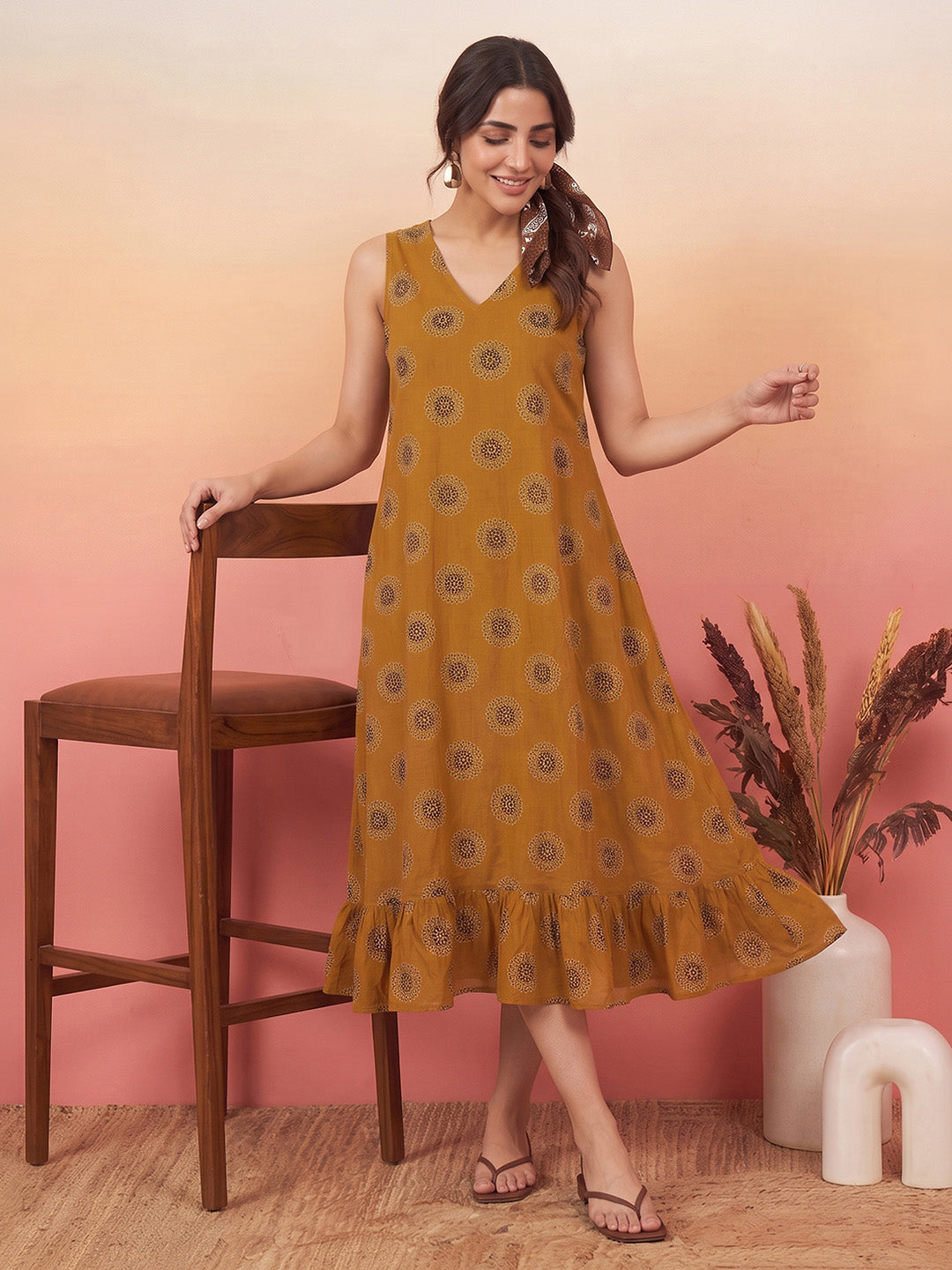 Janasya Mustard A-Line Cotton Dress - Dista