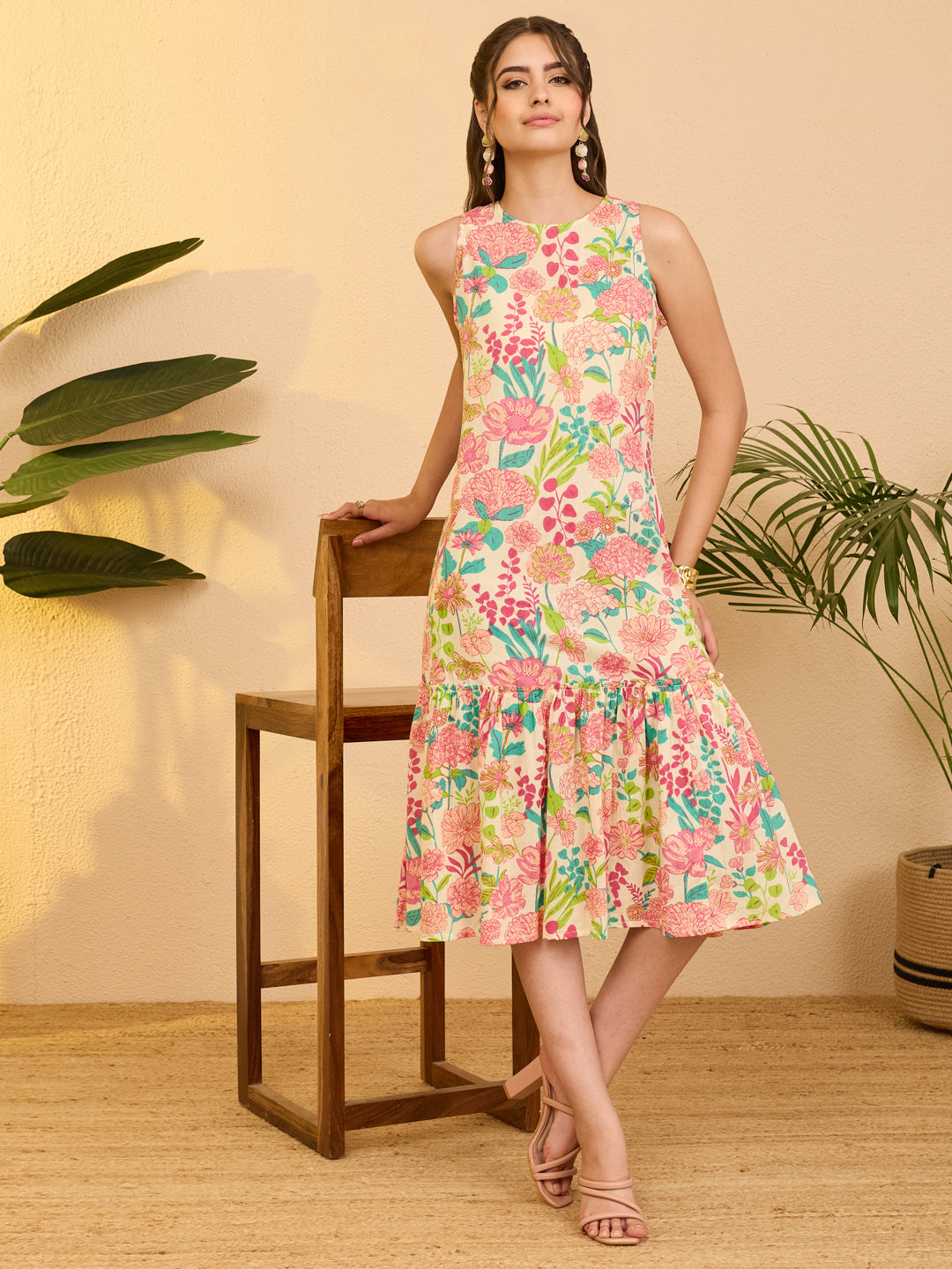 Janasya Beige A-Line Cotton Dress - Dista